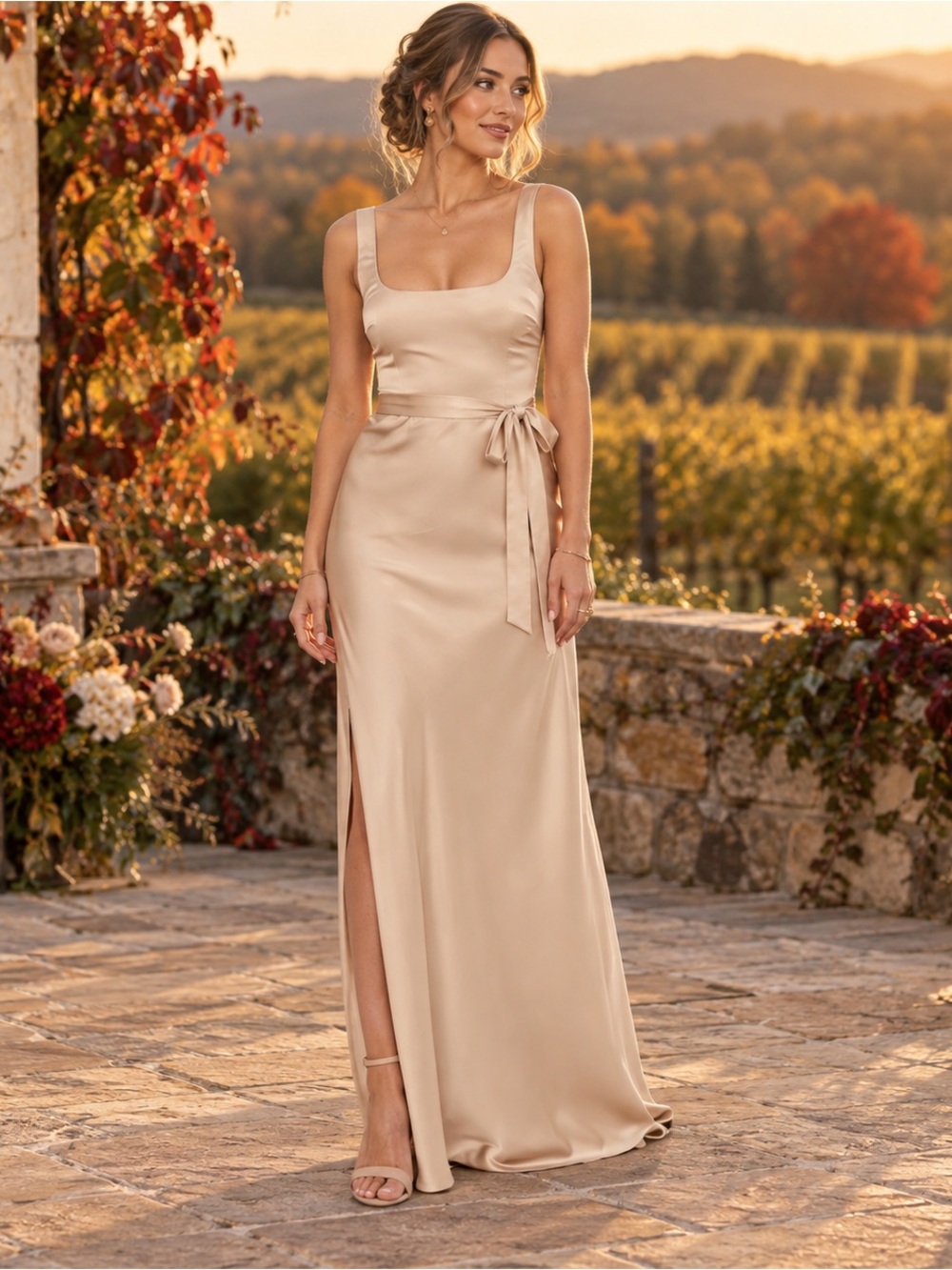 Show Me Your Mumu Lana Maxi Dress Womens XS Champagne Luxe Satin Sash Included